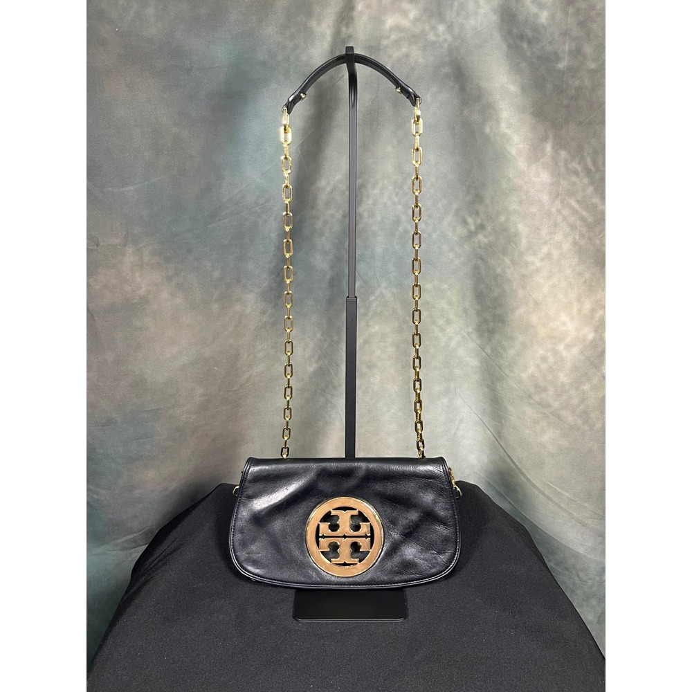 Tory Burch Reva Black Leather Clutch Crossbody Bag Gold Logo Medallion